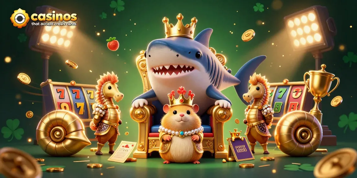 Engage with top casinos that accept credit cards, featuring a vibrant casino scene with playful characters and game elements.