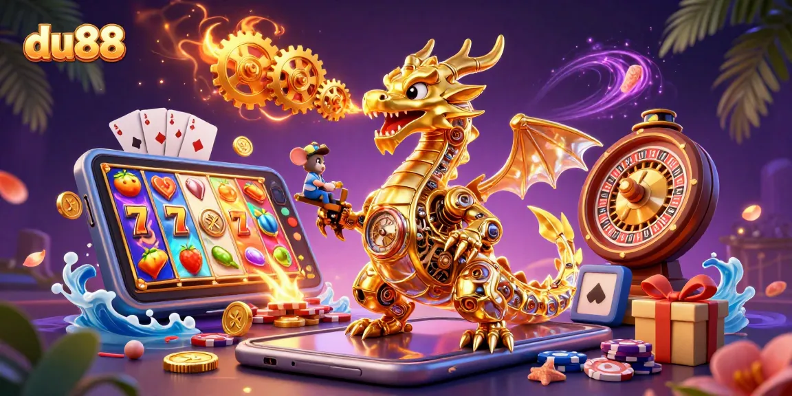 Experience du88 with this vibrant depiction of a golden dragon amidst thrilling casino elements.