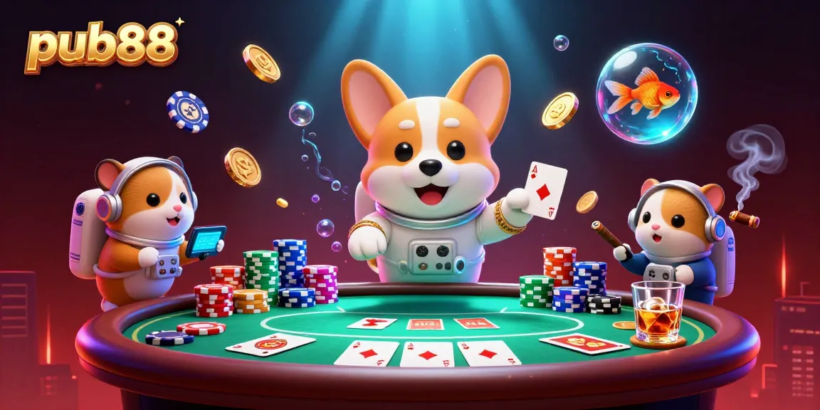 Explore exciting gaming at pub88 with floating casino characters and dynamic poker elements in an immersive atmosphere.