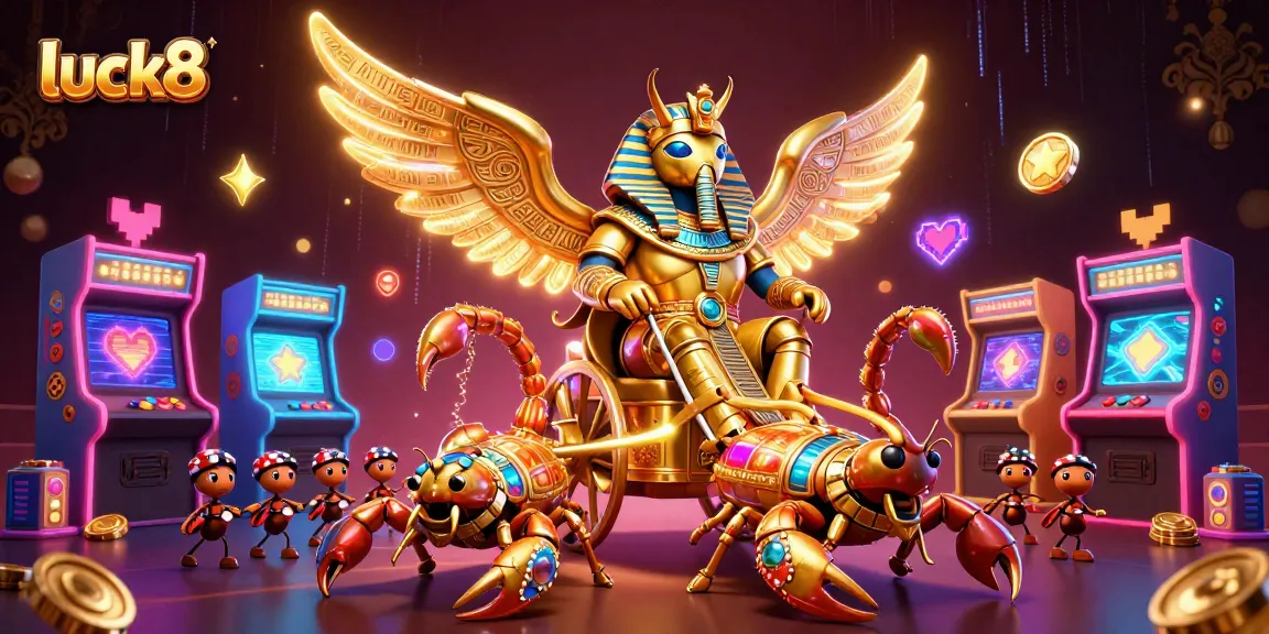 Experience luck8's thrilling gaming world with a colossal golden beetle and scorpions in this vibrant casino scene.