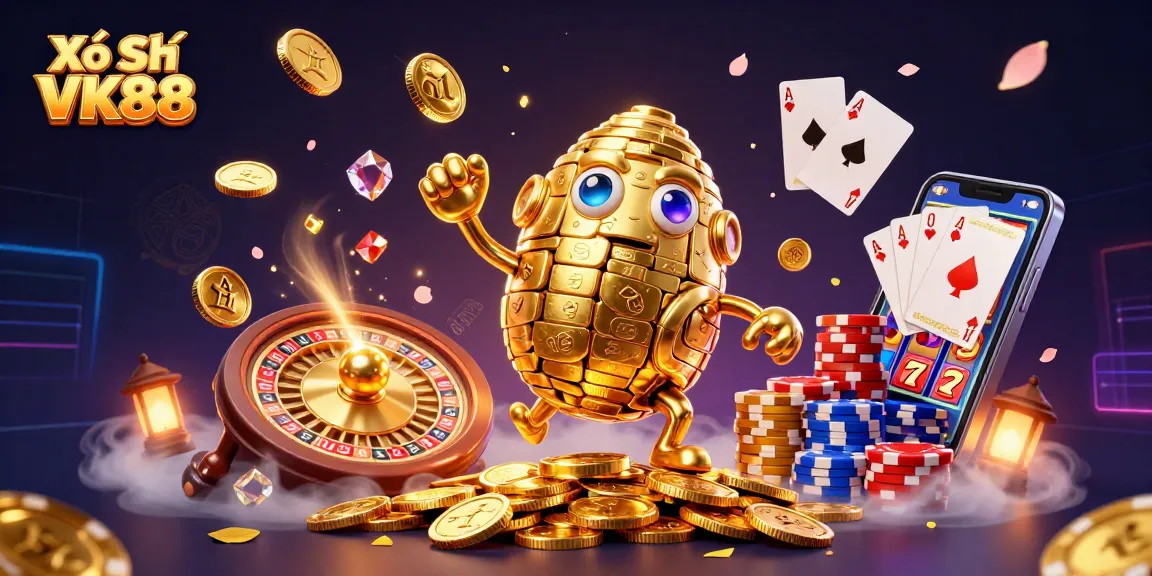 Xổ Số VK88 showcases a golden golem surrounded by cascading riches and vibrant casino elements.