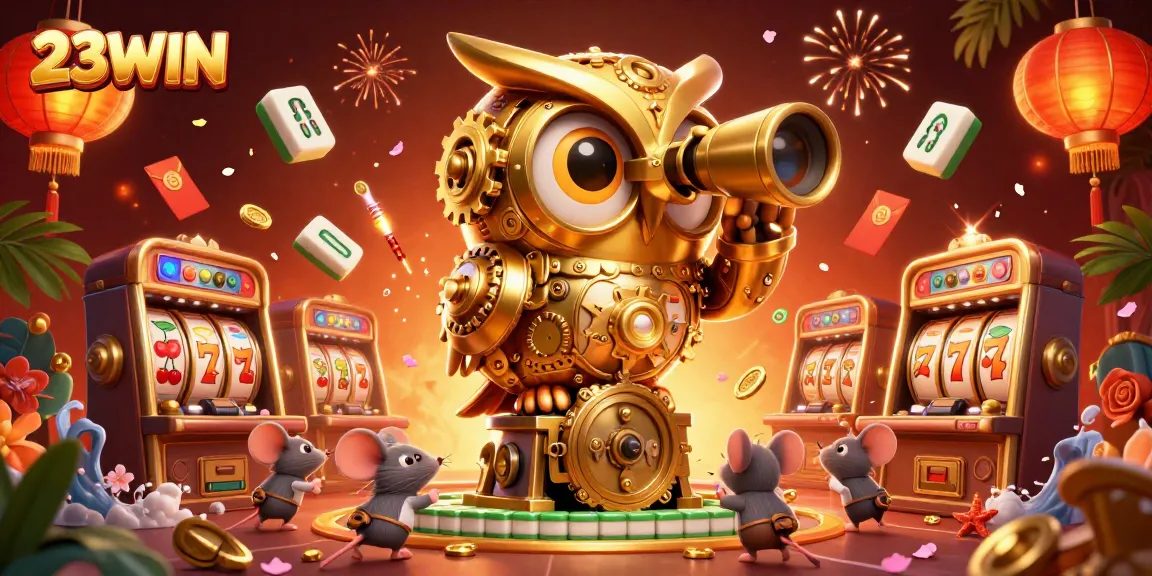 Experience the thrills of 23WIN with a vibrant casino scene featuring cartoon characters and exciting game symbols.