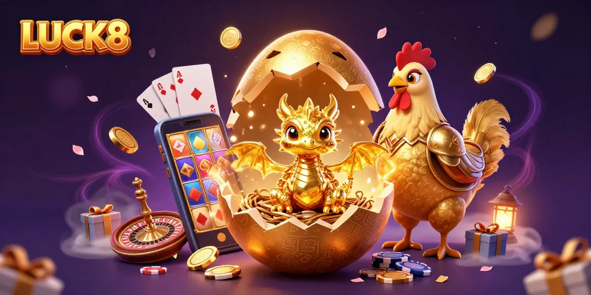 Experience LUCK8 with golden casino elements, featuring a dragon and poker chips in a vibrant 3D illustration.