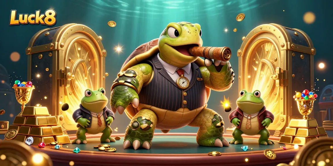 Luck8 showcases a vibrant casino scene with characters amidst gold coins and treasure.