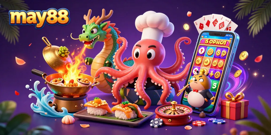 Experience engaging gameplay at may88 with an octopus chef, dragon, and rich casino elements.