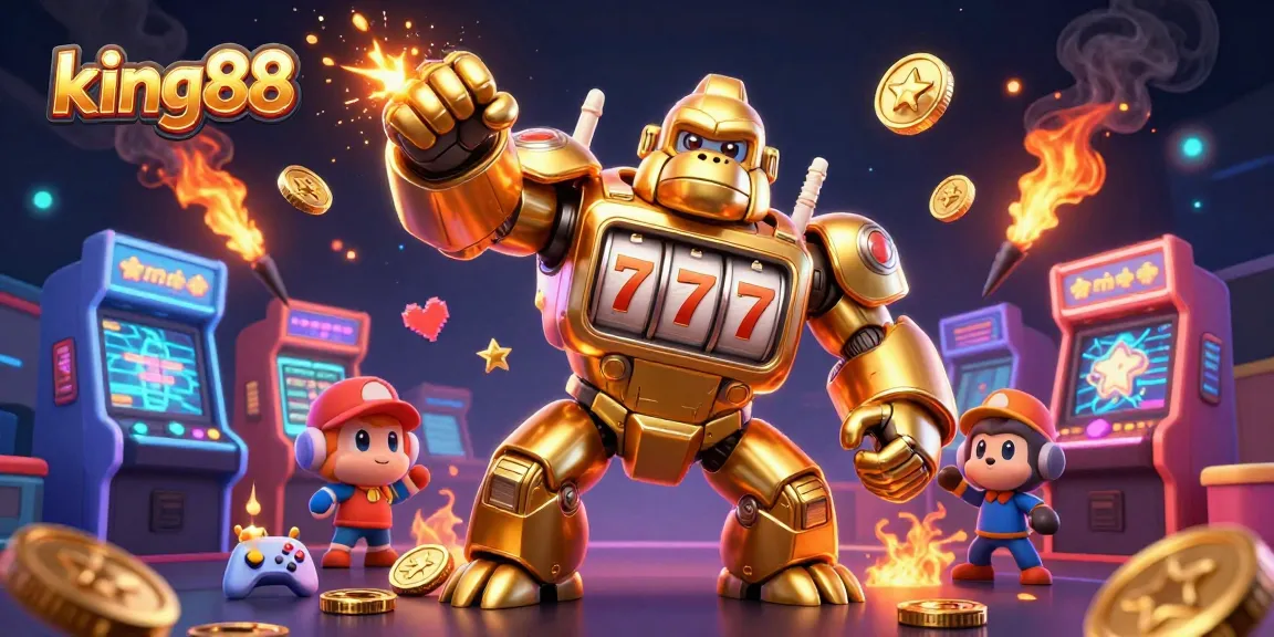 Experience thrilling slot gameplay at king88, featuring a golden gorilla mech with spinning reels and explosive action.