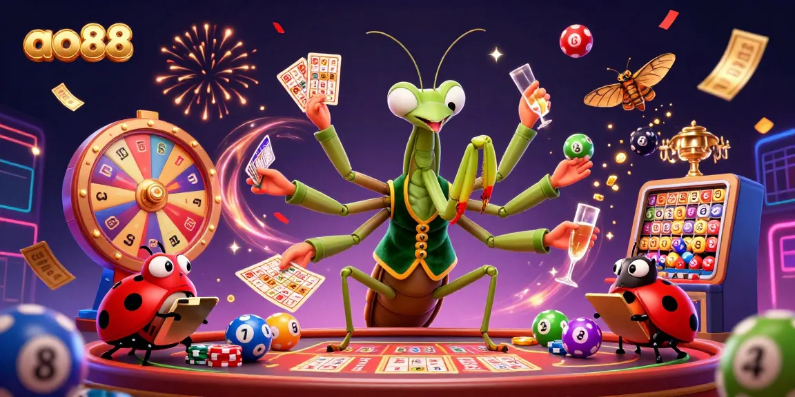 Experience thrilling gameplay at ao88 with a dynamic scene of vibrant lottery elements and engaging casino characters.