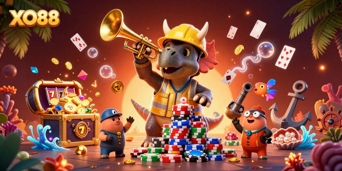 Experience the excitement of XO88 with a dynamic 3D casino scene featuring vibrant characters and slot game elements.