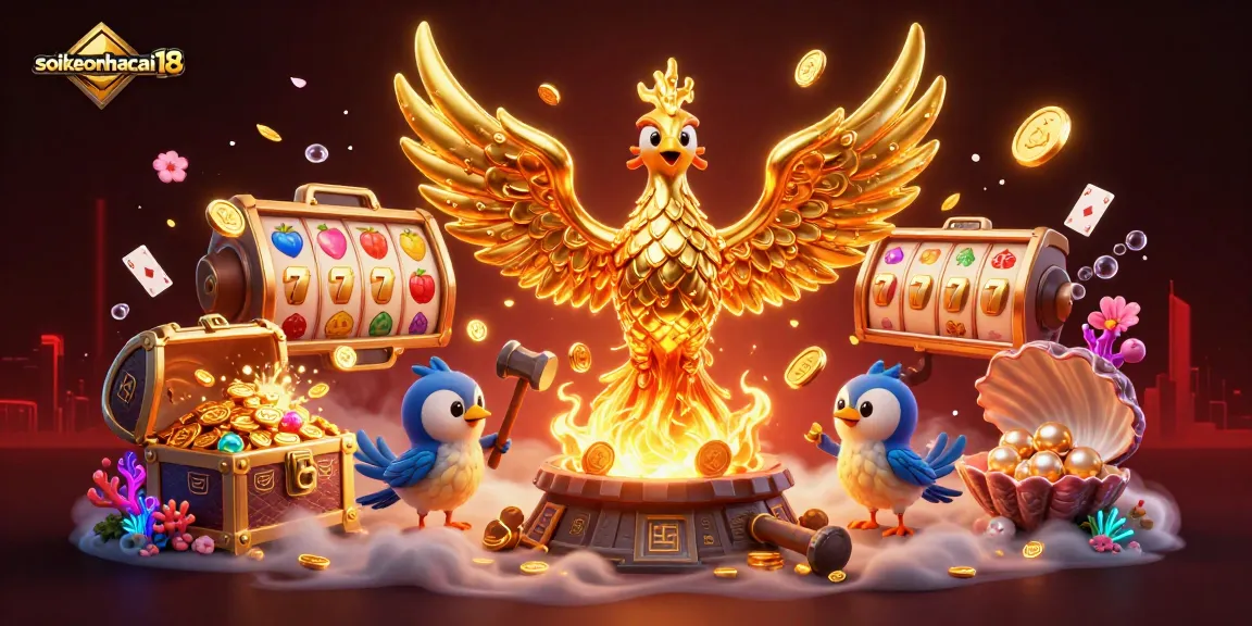 Experience thrilling gaming at soikeonhacai18 with golden phoenix and slot reels in a vibrant 3D scene.
