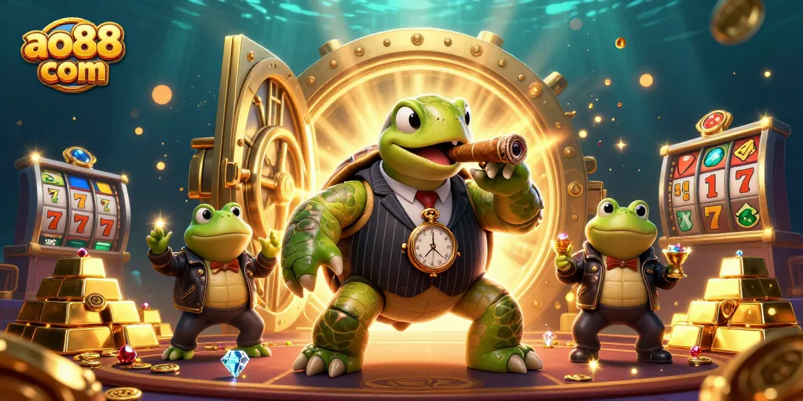 Play engaging games at ao88 com with a vibrant 3D casino scene featuring animated characters and sparkling treasures.