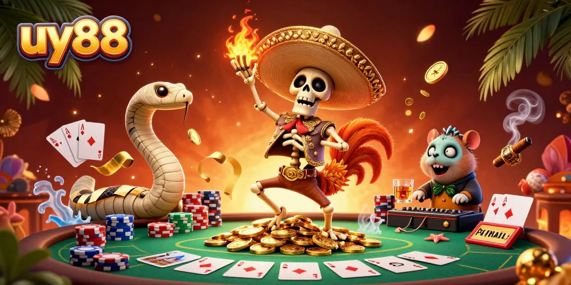 Experience the thrill of uy88 with a festive 3D casino celebration featuring lively characters and gaming action.