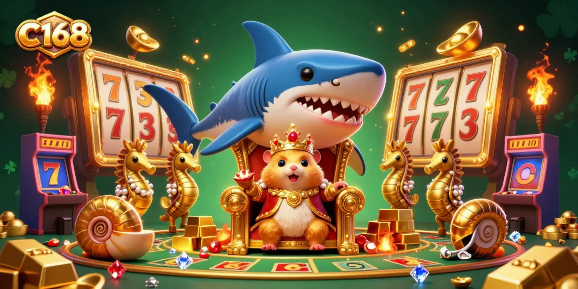 C168 offers a vibrant scene with a tiny golden hamster king and royal guards amidst slot games, symbolizing thrilling online gambling.