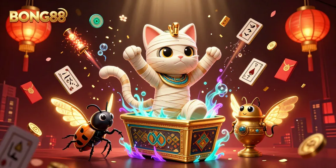 BONG88's vibrant scene illustrates a 3D Egyptian mummy cat amidst floating mahjong tiles and gaming elements in a casino.
