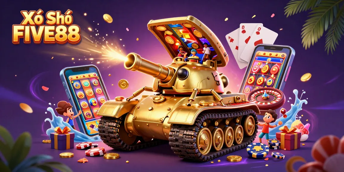 Spin the reels with Xổ Số FIVE88 in a vibrant 3D casino illustration with lucky elements.
