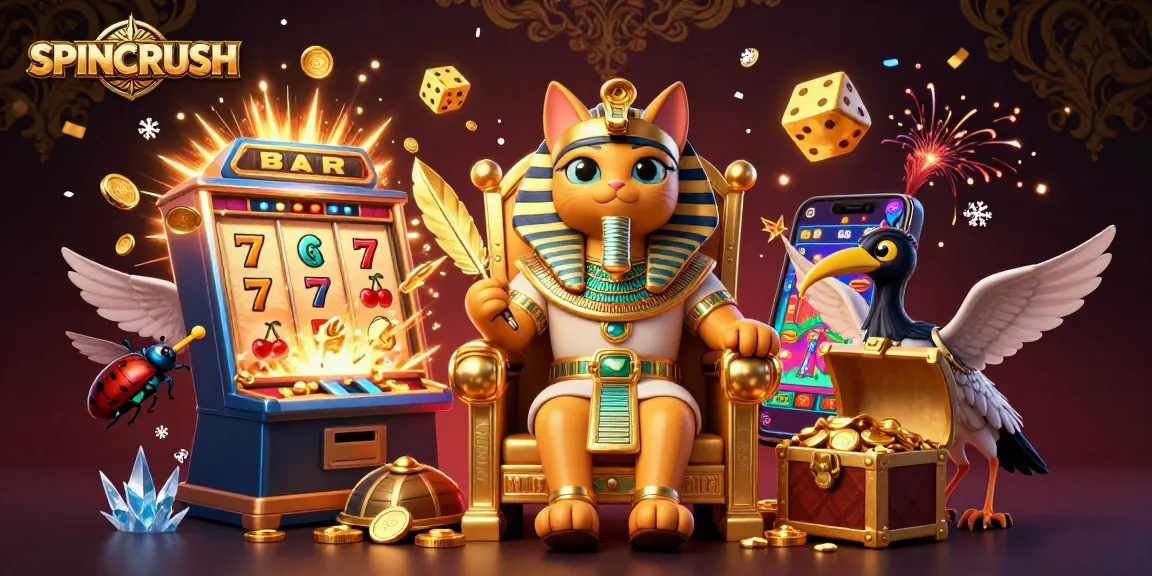 Engage with SPINCRUSH in this vibrant 3D illustration showcasing a jackpot explosion and dynamic gaming elements.