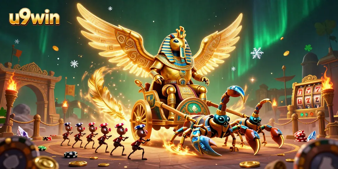 Engage with the vibrant 3D scene of u9win, depicting a golden scarab beetle amidst casino symbols and lively gaming elements.