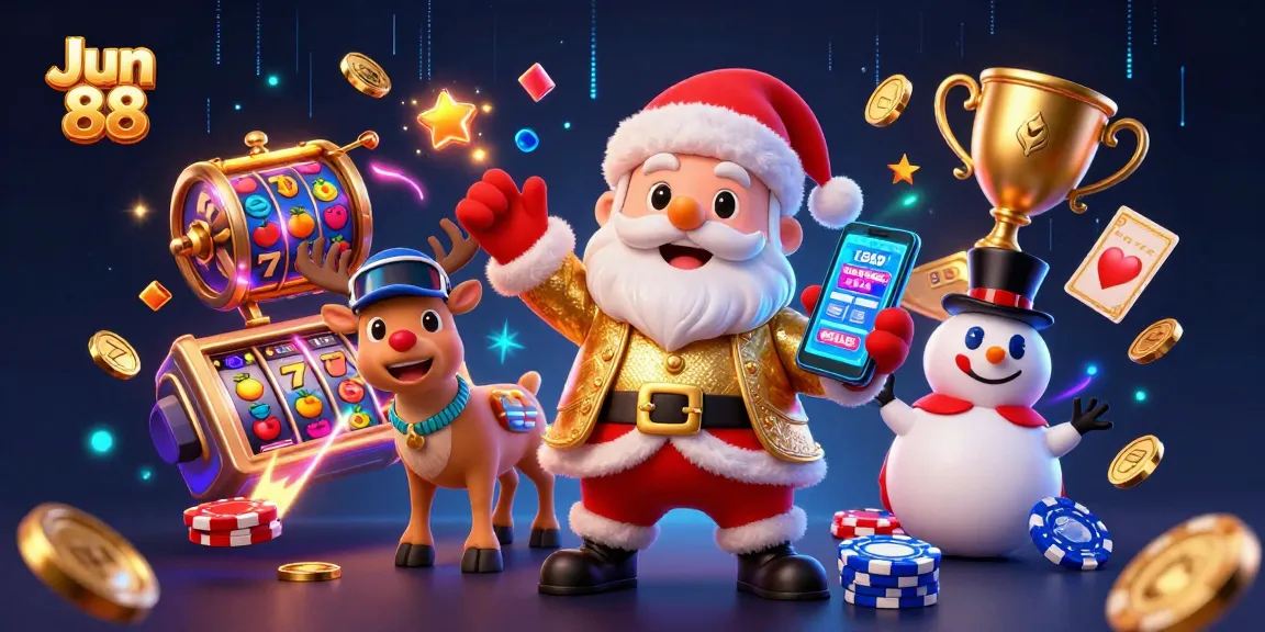Experience thrilling gameplays with Jun 88 in this dynamic casino illustration featuring Santa Claus and friends.