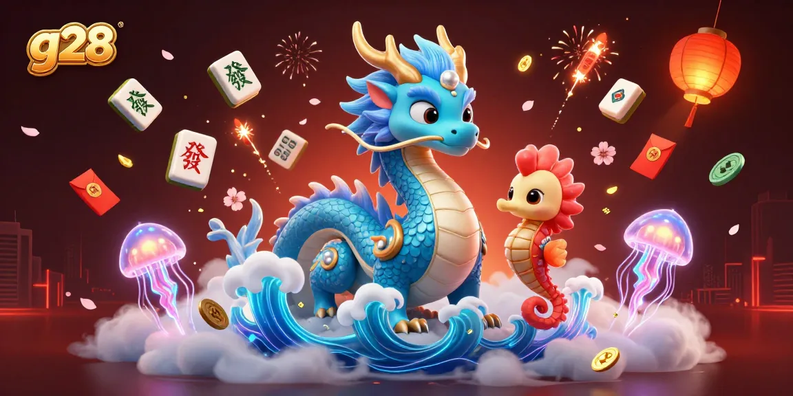 Experience g28's thrilling gaming scene with vibrant dragons and festive elements in a 3D casino illustration.