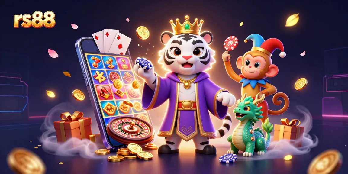 Experience thrilling games at rs88 with exciting slots and dynamic casino action in this vibrant 3D illustration.