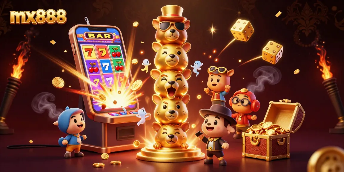 Experience ultimate gaming thrills with mx888's vibrant 3D casino illustration featuring jackpot action.