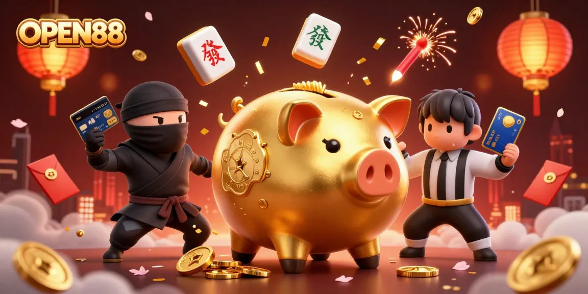 Experience thrilling gaming action at OPEN88 with a golden piggy bank sumo wrestling amidst festive Chinese elements.