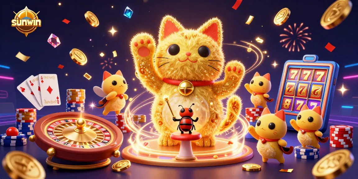 Join the excitement at sunwin with dynamic gaming action featuring a lucky cat made of golden fireflies.