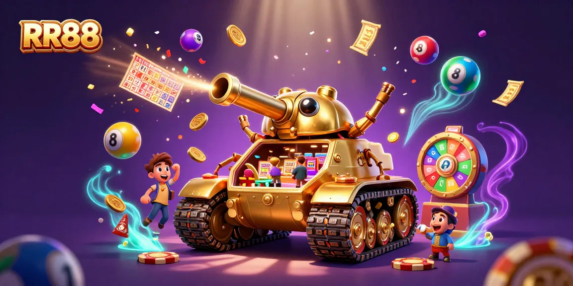 Experience RR88's thrilling casino adventure with a golden beetle tank featuring a miniature casino inside.