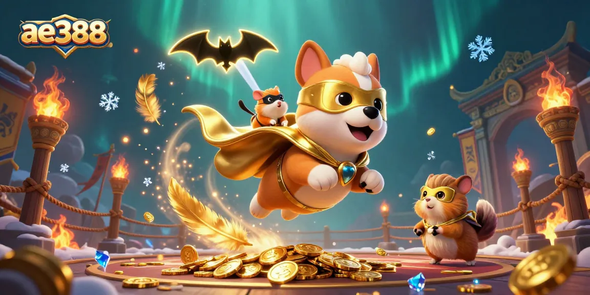 Join the adventure of ae388, where the superhero dog and hamster celebrate casino wins amidst vibrant gold and exciting gambling elements.