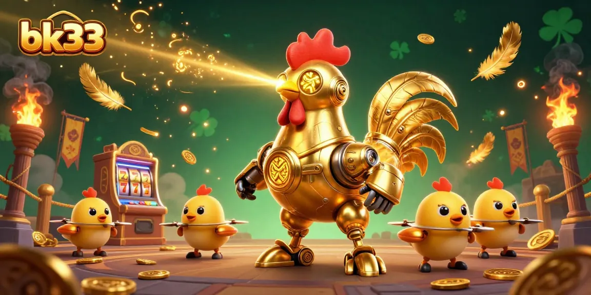 Engage in thrilling action at bk33 with dynamic gaming scenes featuring a golden rooster robot and baby chick drones.