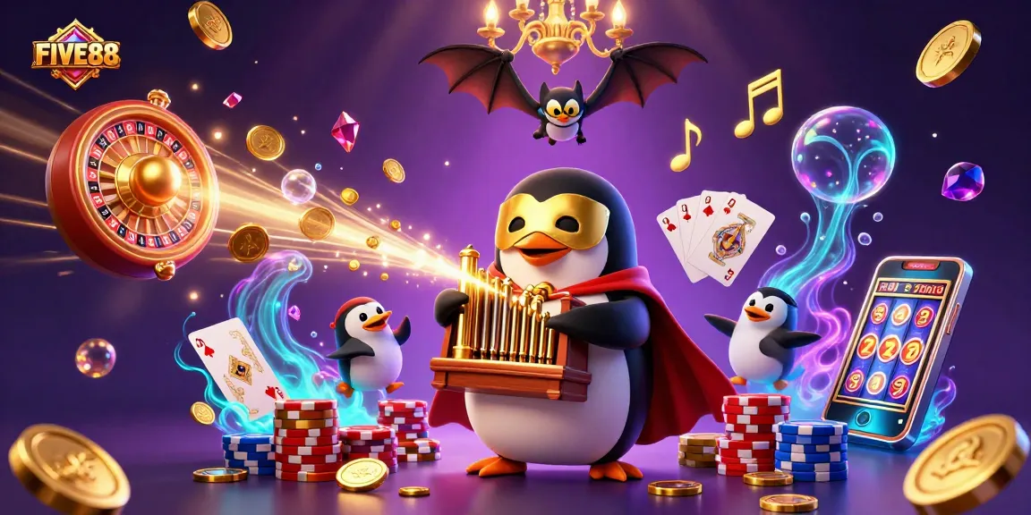 Engage with exciting gambling adventures at FIVE88 featuring a whimsical casino scene.