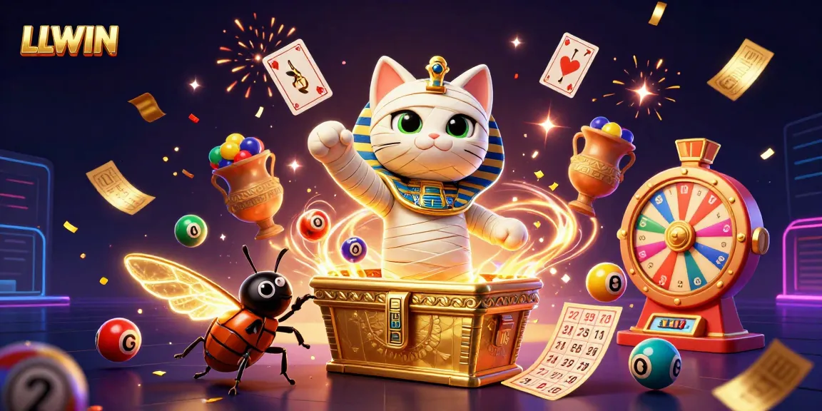Experience LLWIN with a lively mummy cat and casino elements celebrating vibrant wins and exciting gameplay.