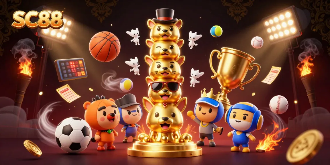SC88 showcases a vibrant casino adventure with a dynamic golden totem and flying sports elements.