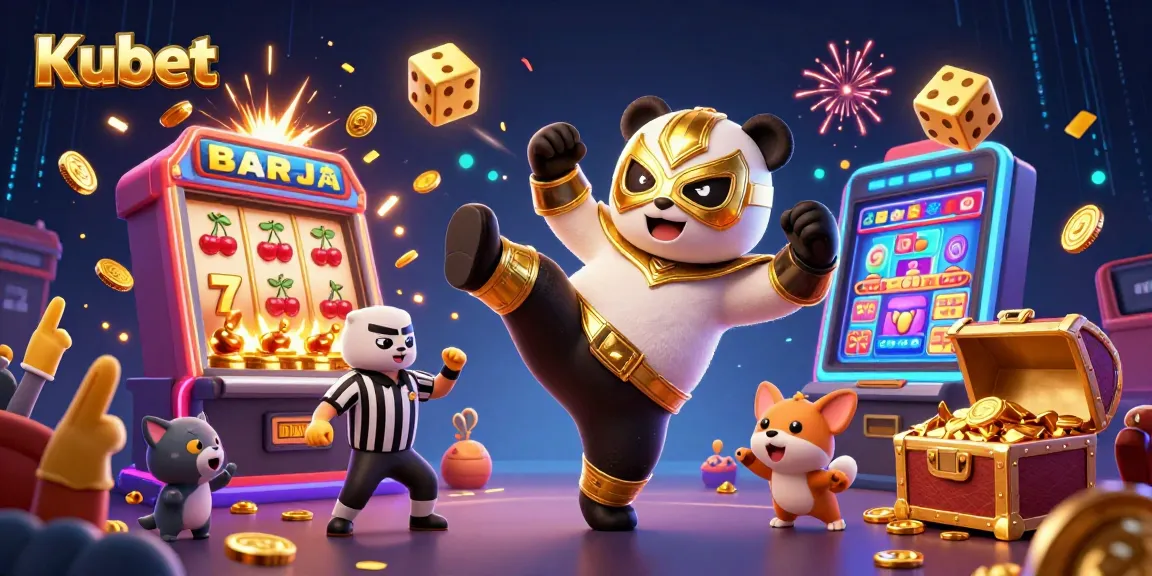 Kubet offers an action-packed 3D scene with a wrestling panda, slot machines, and lively casino elements.