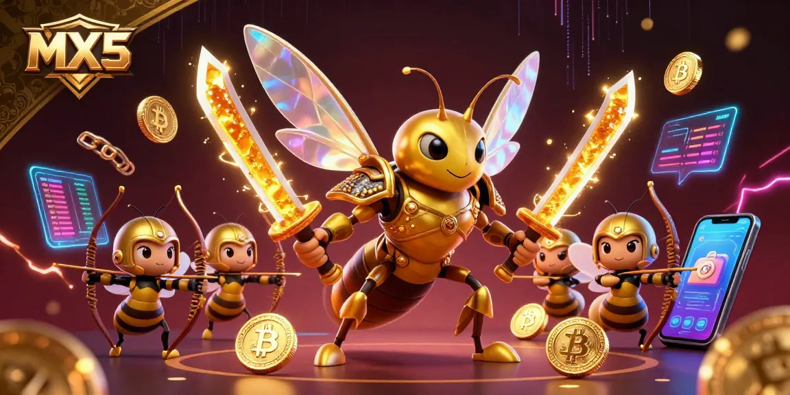 Engage with the vibrant MX5 online gaming scene featuring a golden hornet samurai, cryptocurrencies, and electrifying elements.