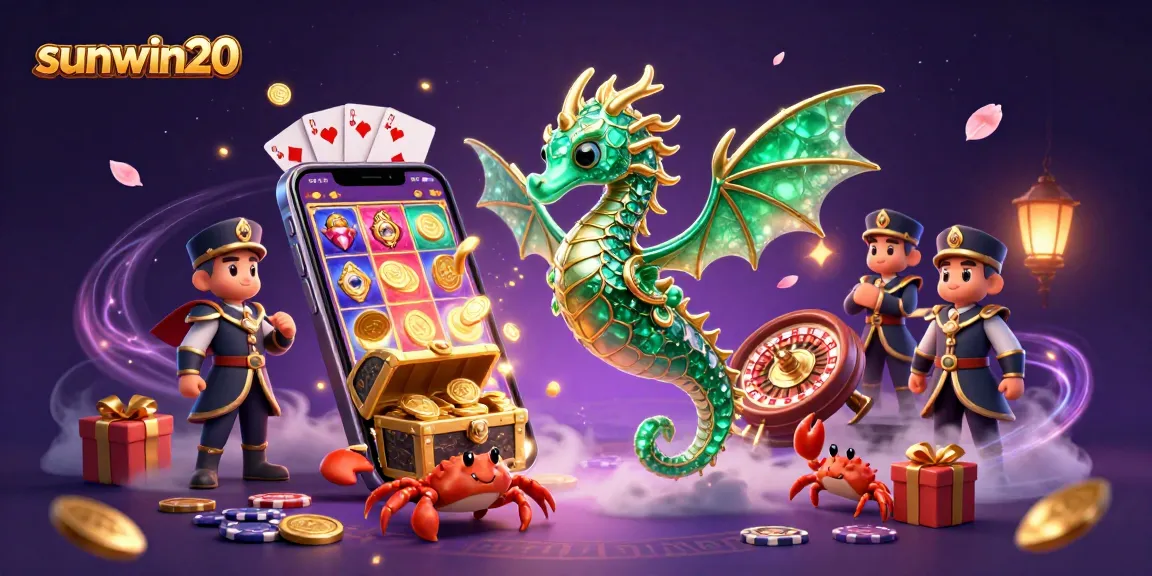 Win big with sunwin20 in this dynamic sea-themed casino illustration showcasing vibrant slot gaming.