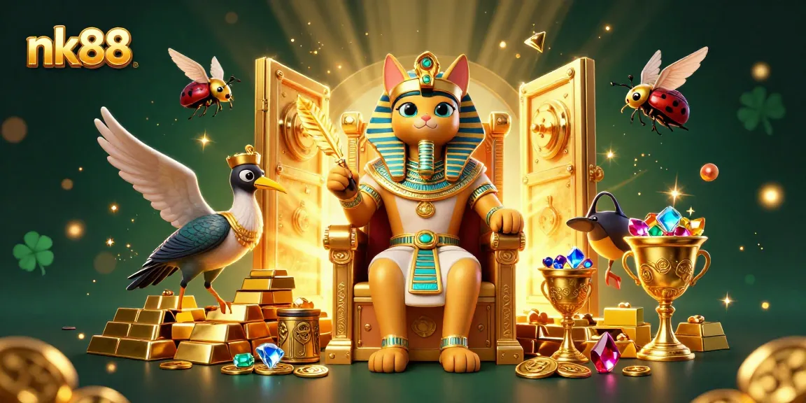 Experience the thrill of nk88 with a dynamic 3D illustration featuring an Egyptian pharaoh cat and gem-filled treasures.