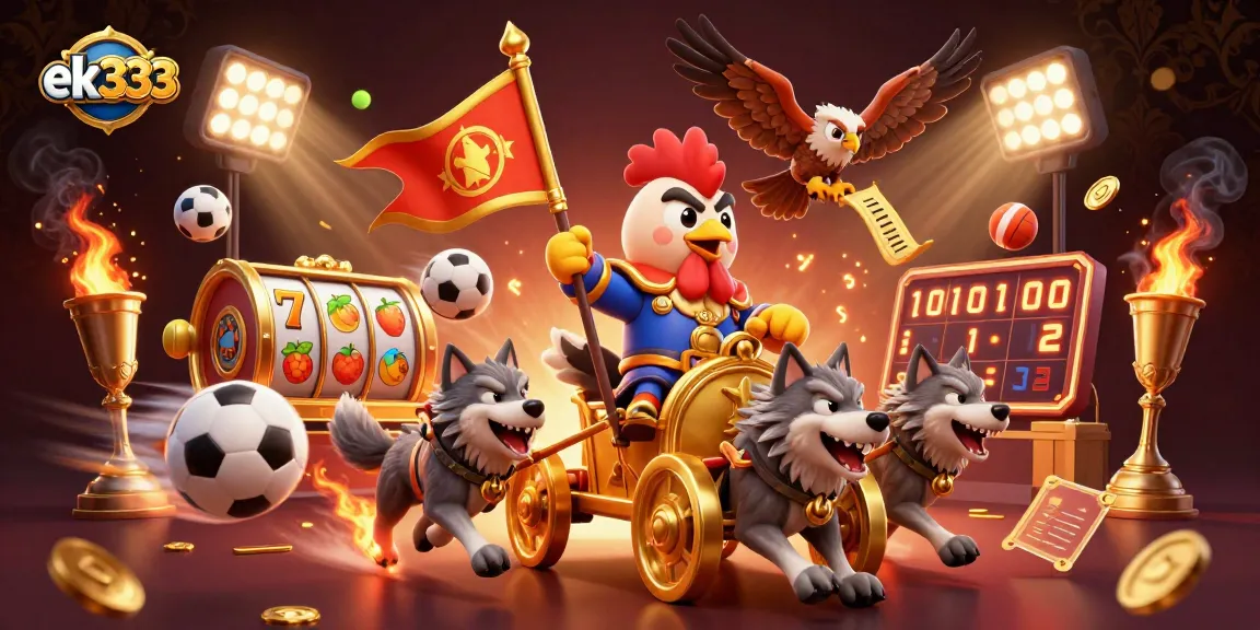 ek333 platform features a dynamic 3D illustration with a rooster warlord and exciting gambling elements.